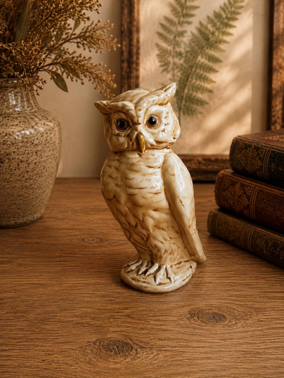 Vintage Ceramic Owl Figurine | Cream Crackle Glaze Owl