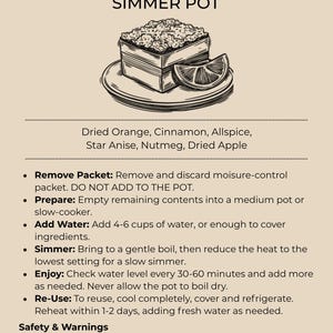 K&ouml;nnte beinhalten: Ein Produktetikett f&uuml;r The Mossy Oak Orange Spice Cake Simmer Pot. Es zeigt eine Strichzeichnung eines Kuchens und einer Orangenscheibe sowie eine Zutatenliste mit getrockneter Orange, Zimt, Piment, Sternanis, Muskatnuss und getrocknetem Apfel.