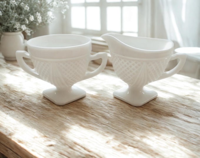 Vintage Westmoreland Milk Glass Creamer & Sugar Bowl Set