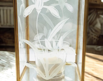 Vintage Etched Flower Glass Candle Lantern