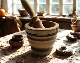 Vintage Primitive Turned Wood Mortar & Pestle Set