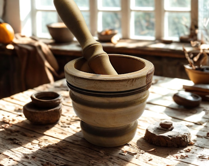 Vintage Primitive Turned Wood Mortar & Pestle Set
