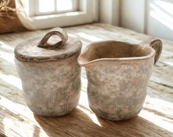 Vintage Rustic Handmade Stoneware Creamer & Sugar Bowl Set