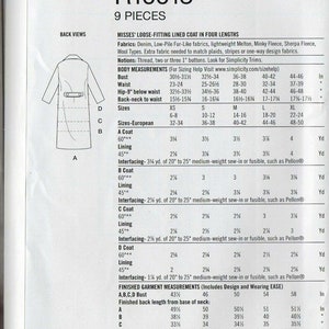 May include: A sewing pattern for a loose-fitting lined coat in four lengths. The pattern includes instructions for sizes XS to XL, with measurements for bust, waist, hip, and back-neck to waist. The pattern also includes yardage requirements for different fabrics, including coat, lining, and interfacing.