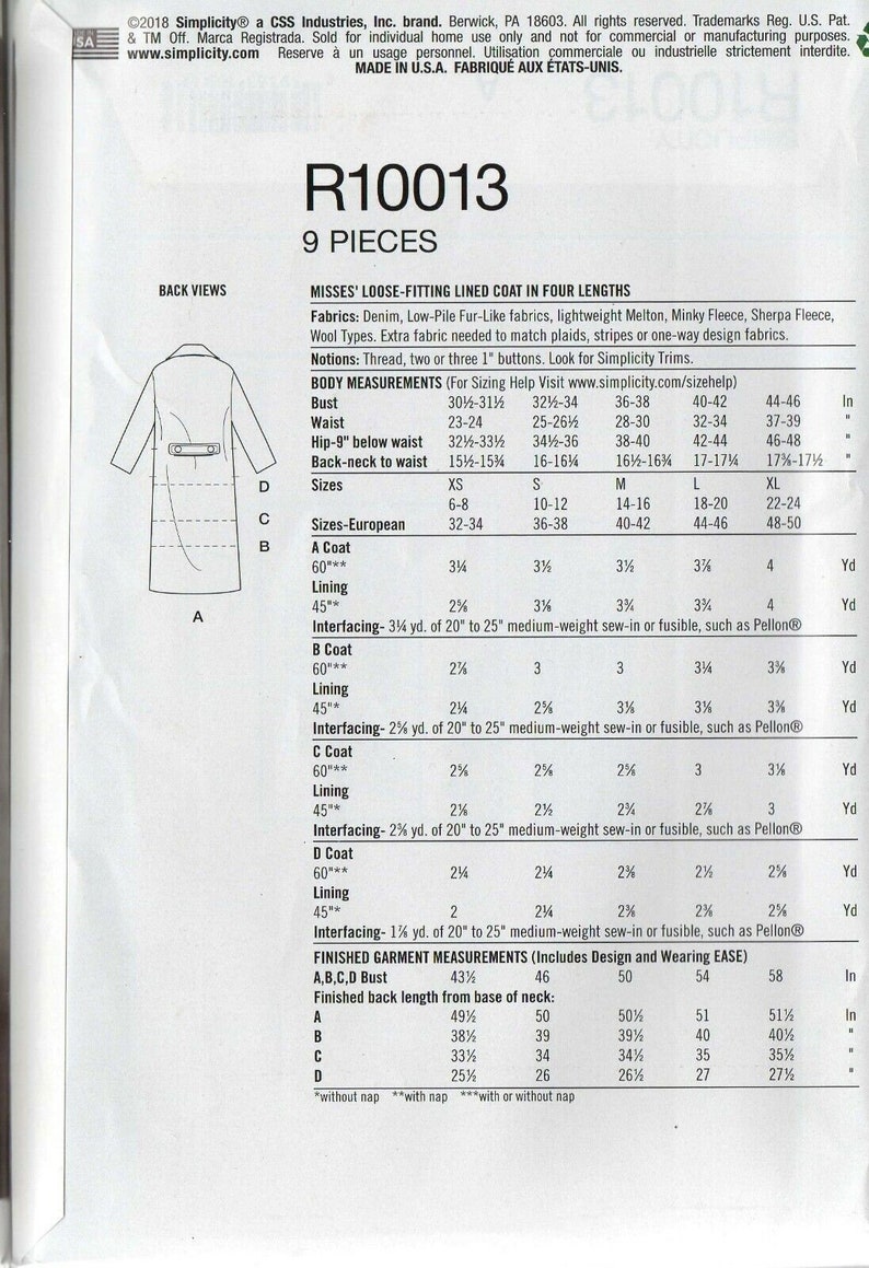 May include: A sewing pattern for a loose-fitting lined coat in four lengths. The pattern includes instructions for sizes XS to XL, with measurements for bust, waist, hip, and back-neck to waist. The pattern also includes yardage requirements for different fabrics, including coat, lining, and interfacing.