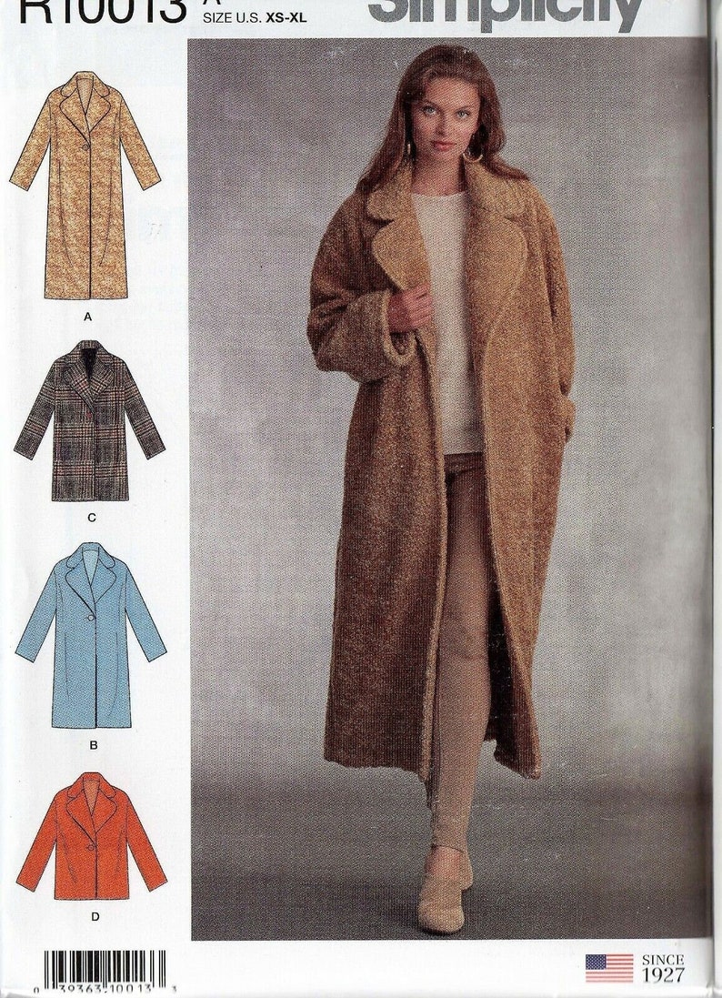 May include: A sewing pattern for a long coat with four different variations. The pattern is for sizes XS-XL. The pattern is from Simplicity, since 1927.
