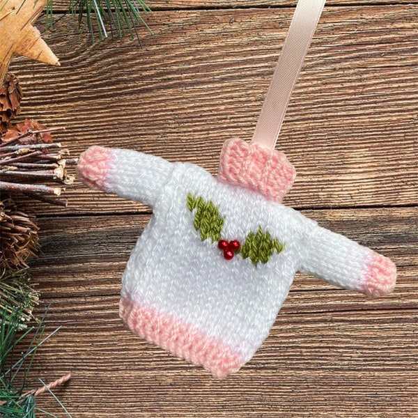 Hand knitted baby pink Mini Christmas jumper, lovely Christmas tree decoration. Knitted bauble,  mini Christmas sweater, mini jumper.