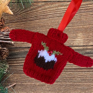 Hand knitted Mini Christmas jumper, lovely Christmas tree decoration. Knitted bauble,  mini Christmas sweater, red bauble, Christmas pudding