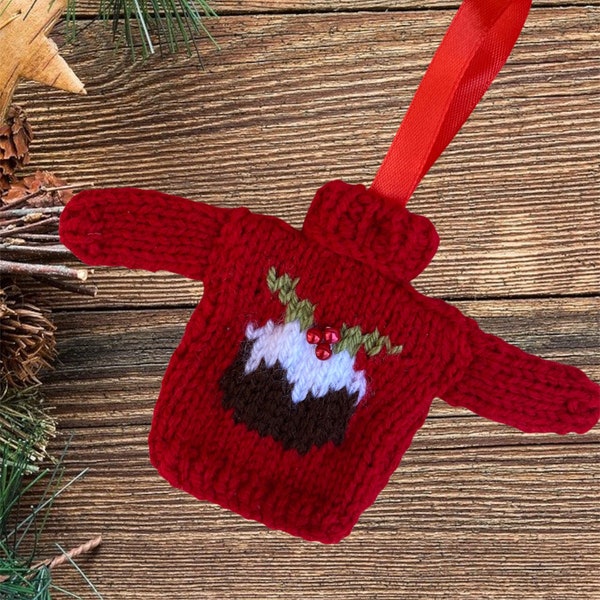 Hand knitted Mini Christmas jumper, lovely Christmas tree decoration. Knitted bauble,  mini Christmas sweater, red bauble, Christmas pudding