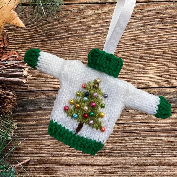 Gorgeous Hand Knitted Christmas Ornament - White mini jumper / sweater for hanging on your Christmas tree