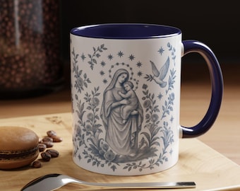 Blue and White Mary and Child Mug, Catholic Marian Floral Coffee Cup