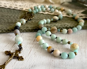 Natural Amazonite Rosary with Antique Bronze Marian Centerpiece