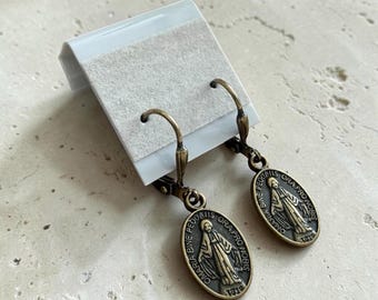 Vintage Marian Medal Earrings, Miraculous Medal Dangle Earrings, Antiqued Catholic Jewelry, Gift for Catholic Women