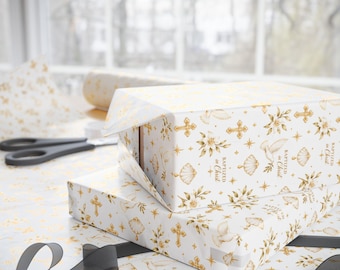 Baptism Wrapping Paper | Baptized in Christ Gold Cross Gift Wrap, Catholic Christening