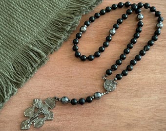 Men’s Black Onyx St. Benedict Rosary with Gunmetal Pardon Crucifix
