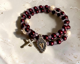 Sangria Pearl Wrap Rosary Bracelet, Sacred Heart Catholic Prayer Bracelet, Czech Crystal Marian Jewelry, Gift for Her