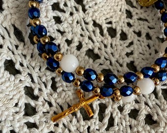 Blue & Gold Wrap Rosary Bracelet, Miraculous Medal Dainty Marian Bracelet, Catholic Gift for Her