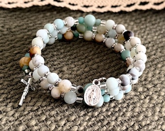 Amazonite Rosary Wrap Bracelet, Miraculous Medal Marian Bracelet, Natural Gemstone Catholic Jewelry, Confirmation Gift for Her