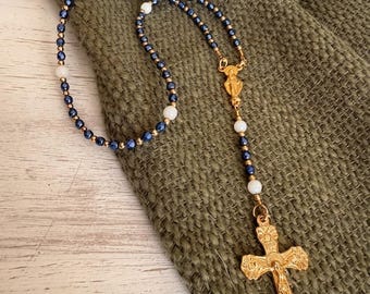 Dainty Marian Rosary, Miraculous Medal Blue and Gold Catholic Rosary, Our Lady Prayer Beads, Confirmation Gift