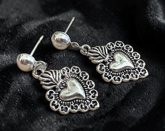 Sacred Heart Earrings, Silver Milagro Dangle Earrings, Antiqued Catholic Jewelry, Religious Gift for Women