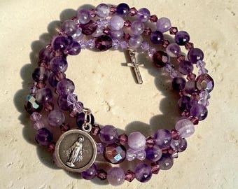 Amethyst Rosary Bracelet, Miraculous Medal Wrap Rosary, Natural Purple Gemstone Catholic Jewelry, February Birthstone Gift