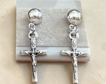 Small Crucifix Earrings, Italian Silver Cross Dangle Earrings, Petite Catholic Jewelry, Confirmation Gift for Her