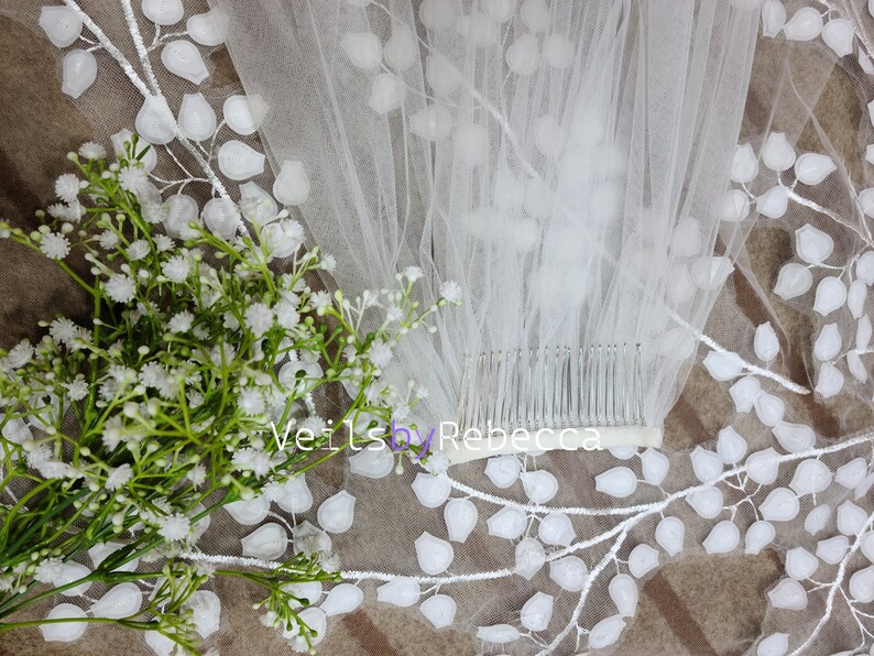 1 tier ivory soft tulle tree leaves lace bottom cathedral bridal wedding veil S464 image 6