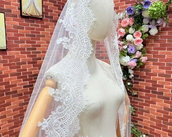Wide Chantilly Lace Cathedral Wedding Veil V608: Ivory Spanish Mantilla, Handmade