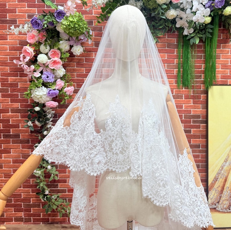 2 tiers Wide Alencon Lace veil, Floral lace wedding veil with blusher, Corded wide lace cathedral wedding veil,drop lace wedding veil V687D