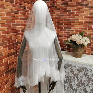 1 piece 2 tiers Chantilly lace veil with a blusher, 2 tiers wide Chantilly eyelash lace cathedral drop floating wedding veil V610D