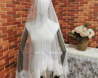 1 piece 2 tiers Chantilly lace veil with a blusher, 2 tiers wide Chantilly eyelash lace cathedral drop floating wedding veil V610D