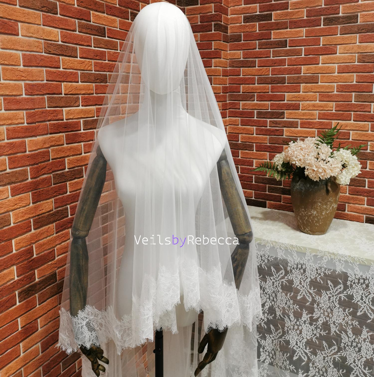 Etsy Cathedral Length White Veil with Blusher and Scalloped Edge Scalloped Edge Veil With Blusher - Etsy main image 3