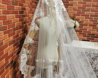Ivory Cathedral Wedding Veil V668F: Spanish Corded Floral Lace Mantilla