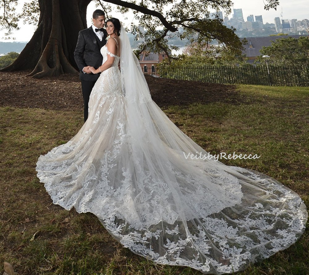 Ivory Cathedral Royal Wedding Veil V902D: Sequins Floral Lace