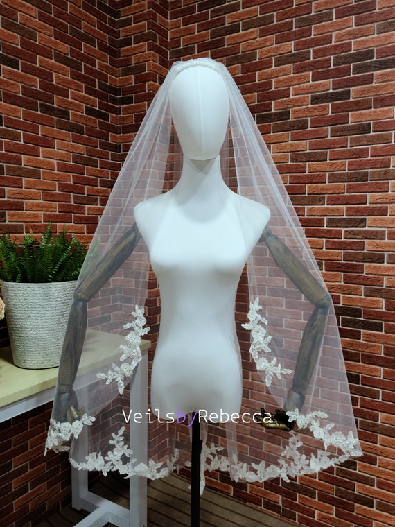 Fingertip Ivory Beaded Tulle Veil Delicate Beaded Edge Fingertip Veil | David main image 3