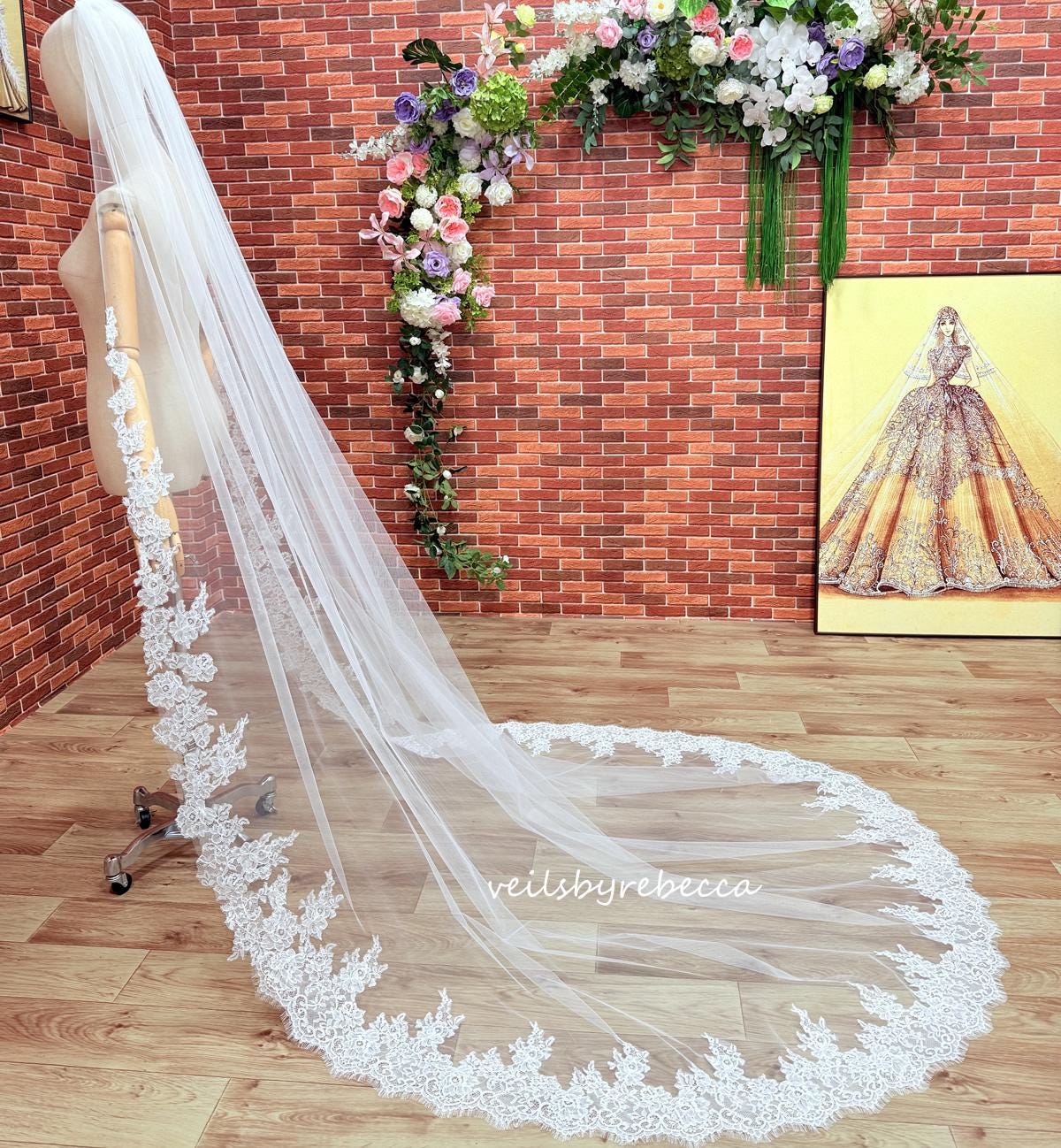 Custom made Ivory Alencon lace trim veil Eyelash French Alencon Lace Cathedral Wedding Veil or Chapel  main image 4