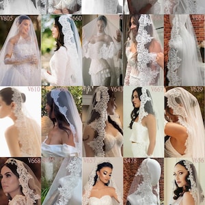 May include: A collection of bridal veils featuring diverse lace patterns. The veils are presented on models and mannequins, highlighting various styles and lengths. The text "Lace Matching" is visible at the top.