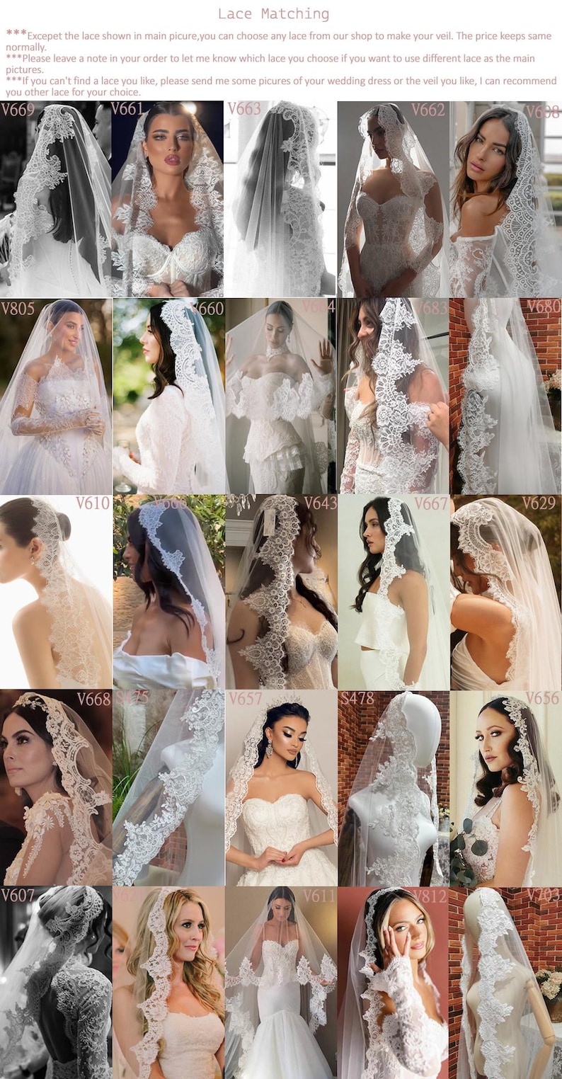May include: A collection of bridal veils featuring diverse lace patterns. The veils are presented on models and mannequins, highlighting various styles and lengths. The text "Lace Matching" is visible at the top.
