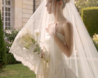 Wide Corded Alencon Lace Cathedral Wedding Veil with Blusher, Eyelash Lace, 2 Tiers Drop veil V686D