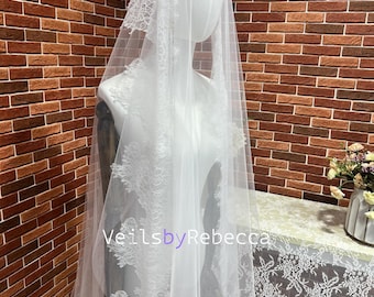 2 tiers Wide Chantilly Lace Wedding Veil V669B: Spanish Mantilla, Detachable Blusher