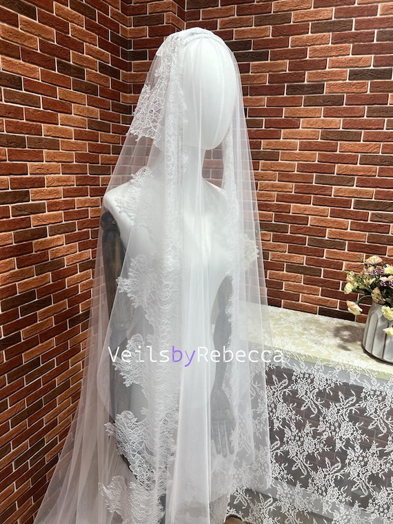 Chantilly lace applique wrist length wedding veil Chantilly Lace Cathedral Veil With Blusher, Long Mantilla  main image 4