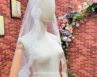 1 tier Boho Slim Chantilly Lace Cathedral Veil V824: Scalloped Lace, Mantilla Style