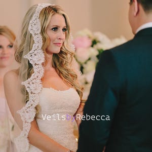 1 tier Short Fingertip Mantilla Veil V621: Scalloped Alencon Lace, Catholic Spanish Veil
