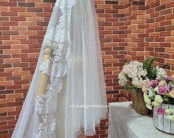 2 tiers Wide Chantilly Floral Lace Wedding Veil V661R: Spanish Mantilla, Detachable Blusher