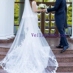 2 tiers cathedral wedding veil lace,drop lace veil cathedral,cathedral blusher veil lace,vintage lace cathedral veil,floral lace chapel veil