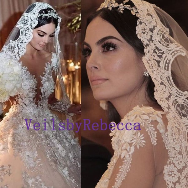 1 tier cathedral Mantilla Lace Veil,Lace 1st Communion Mantilla Veil in Cathedral, Catholic Lace Mantilla Wedding Veil Bridal Veil V668