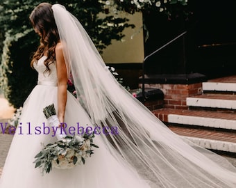 Soft Tulle Cathedral Wedding Veil V602A: 2 Tier Illusion Blusher