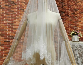 Cathedral Wedding Veil V681D: 2-Tier Chantilly Lace Drop Veil with Blusher