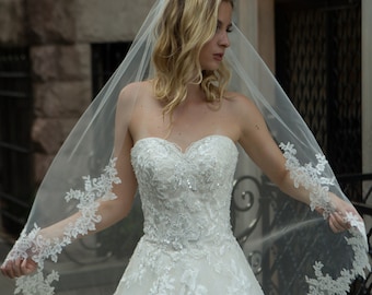 Partial Floral Lace Fingertip Wedding Veil V636: Bridal Illusion Tulle, Silver Comb