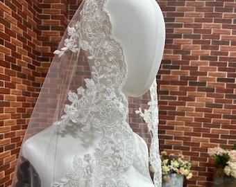 Corded Floral Scalloped Lace Edge Wedding Veil S478: Custom Any Length Mantilla, First Communion